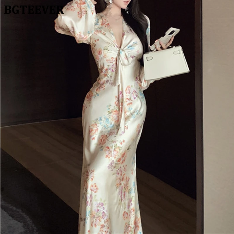 BGTEEVER Vintage Slim V-neck Female Package Hip Floral Dress Elegant Puff Sleeve Women Skinny Bodycon Mermaid Printed Dress