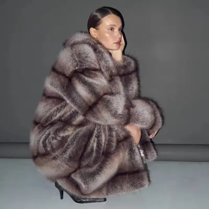 Abrigo largo de piel sintética con estampado para mujer, abrigo grueso elegante con cuello vuelto, chaquetas cálidas, abrigos sueltos para mujer, ropa de calle para invierno 2025