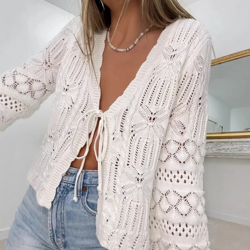 

Autumn 2025 Leisure Openwork Lace-up Long-sleeved Wool Cardigan Women's Blouse