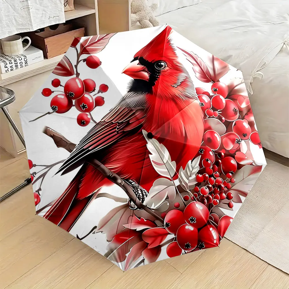 Red Cardinal Bird with Berries Umbrella Design Compact Fashion Folding Umbrella for Daily Use, Christmas Gift