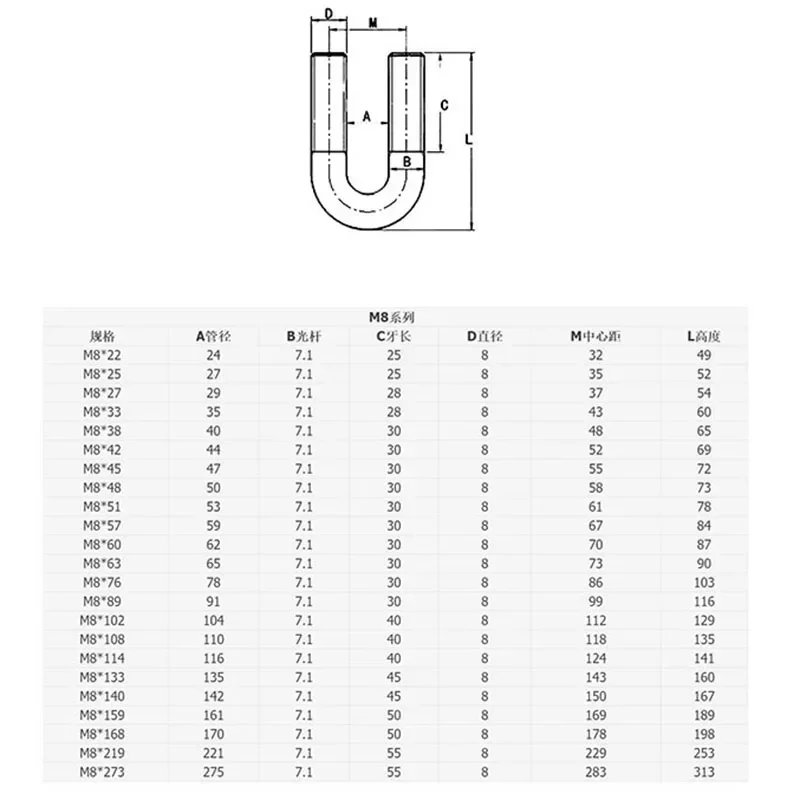 M8 Metric 316 Stainless Steel U Bolts Round Bend U-Bolt U Clamp A4-70 screws