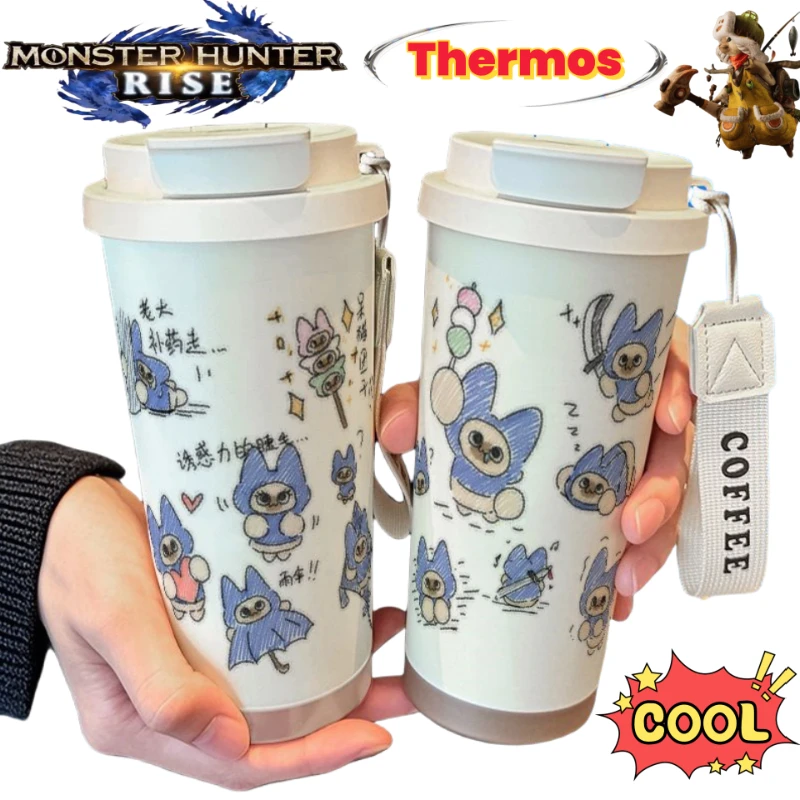New Monster Hunter Wilds Felyne Game Merchandise Cute Insulated Mug Convenient Large Capacity Stainless Steel Straw coffee Cup