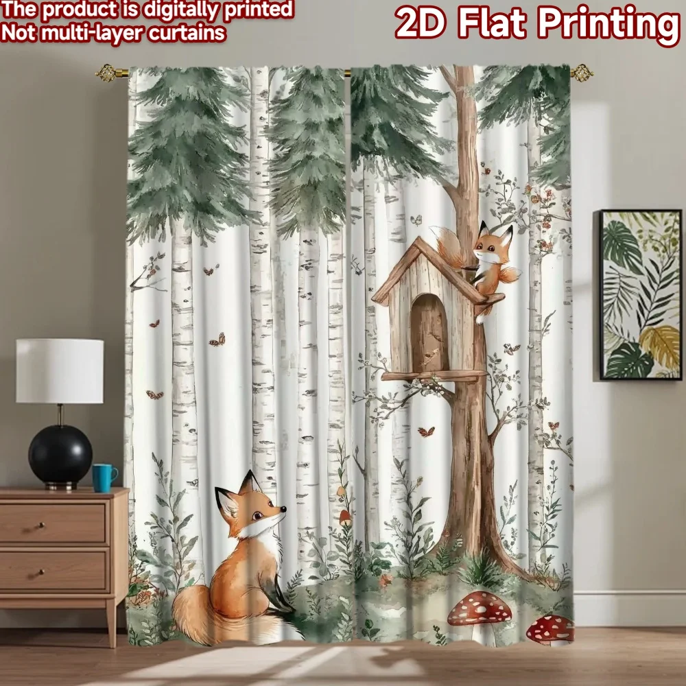 1 peça de cenário fotográfico plano 2D, cenário fotográfico com raposas na floresta de bétulas, 100% poliéster, decorações para festas de fim de ano.