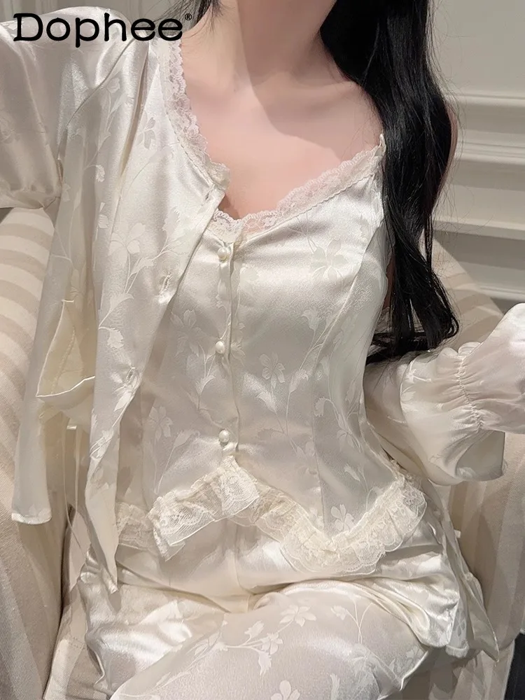 

Korean Original Sexy Pajamas Three-piece Set Suspenders Chest Pads High-end Lace Ice Silk Loungewear Women's