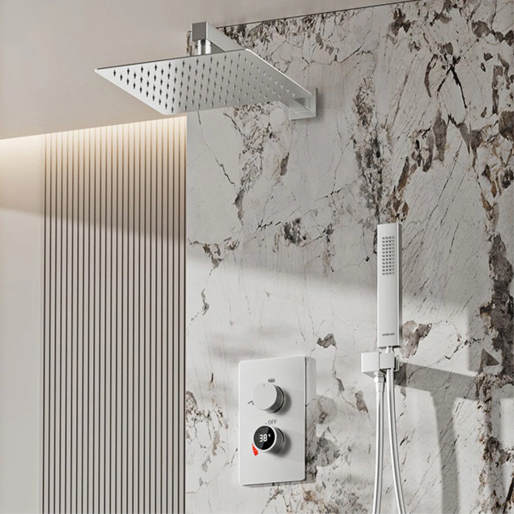 Minimalist Gun Grey Brass Shower System，Sleek Wall-Mounted LED digital display，Hidden Anti-Scald Rainfall Mode Bathroom Mixer