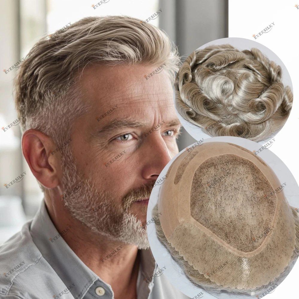Peluquín masculino de cabello humano 100% indetectable súper duradero 540 # 565 # Reemplazo de cabello masculino marrón gris sal y pimienta para hombres mayores Natura