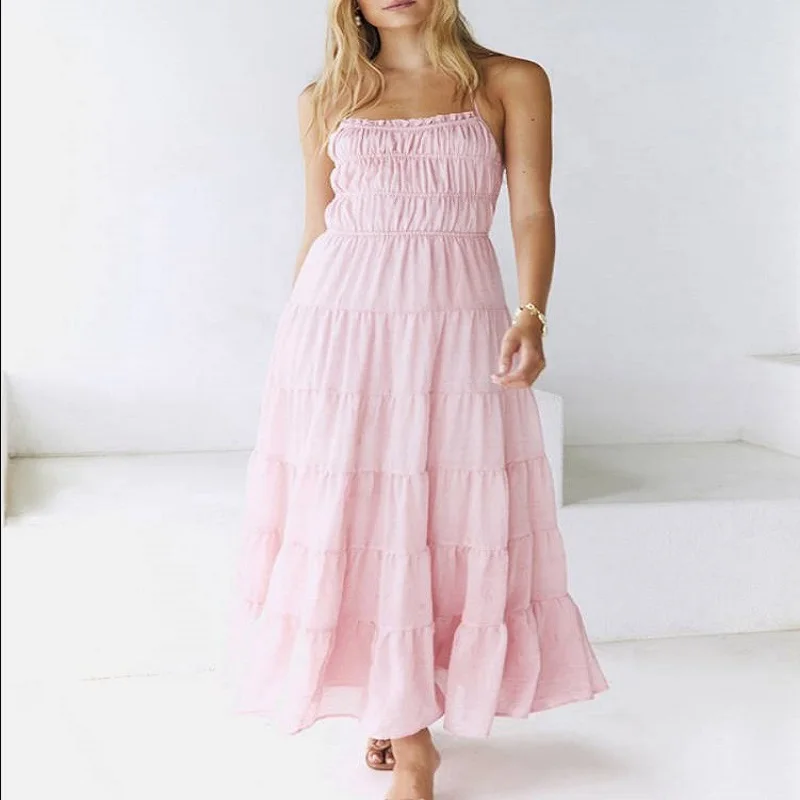 Women'S Halter Tie Back Sleeveless Tiered Smocked Maxi Dress