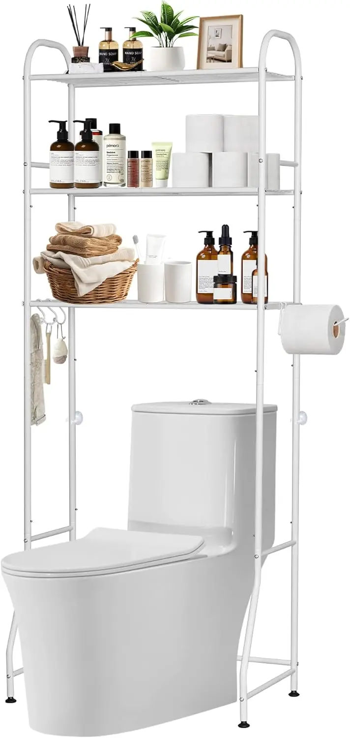 

3-Tier Over Toilet Storage, Metal Bathroom Organizer with 3 Hooks & Paper Holder, White