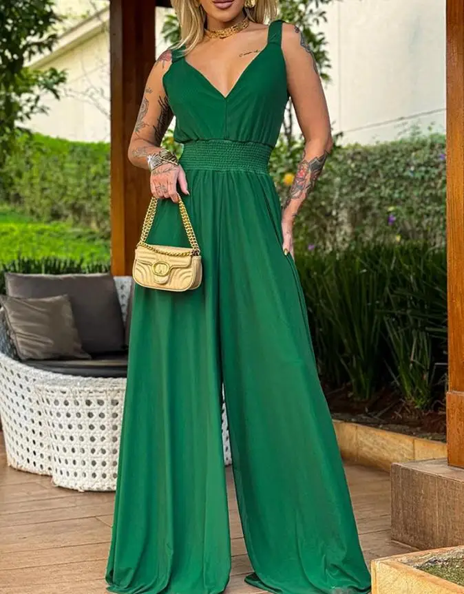 بذلة امرأة 2025 الصيف مثير أنيقة يغرق الخامس الرقبة Ruched حزام أكمام بذلة عادية الخصر Shirred واسعة الساق بذلة