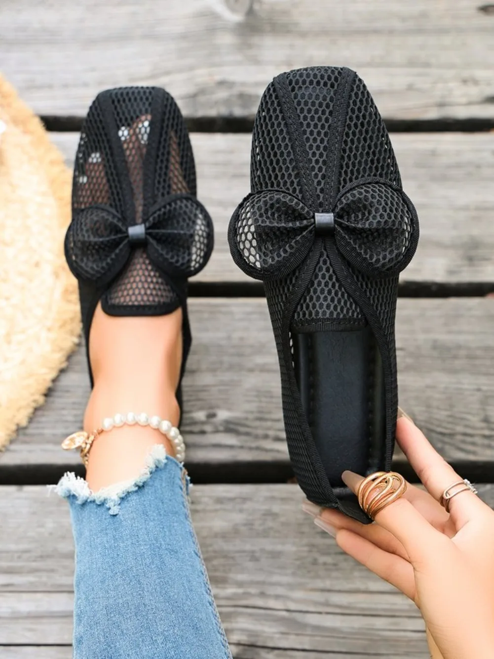 Retro Flache Schuhe Sommer Neu Quadratische Spitze Fischernetz Atmungsaktiv Hohl Ausgefallene Slip-on Baotou Halbpantoffeln Größe 42 – Detail 32