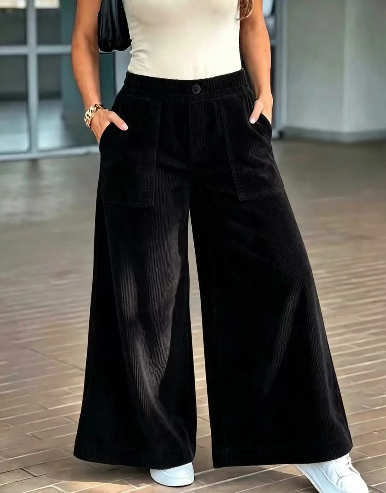 High-Waisted Corduroy Wide Leg Pants for Women with Back Elastic Large Pockets Drapey Floor-Length Trousers 2026 Style