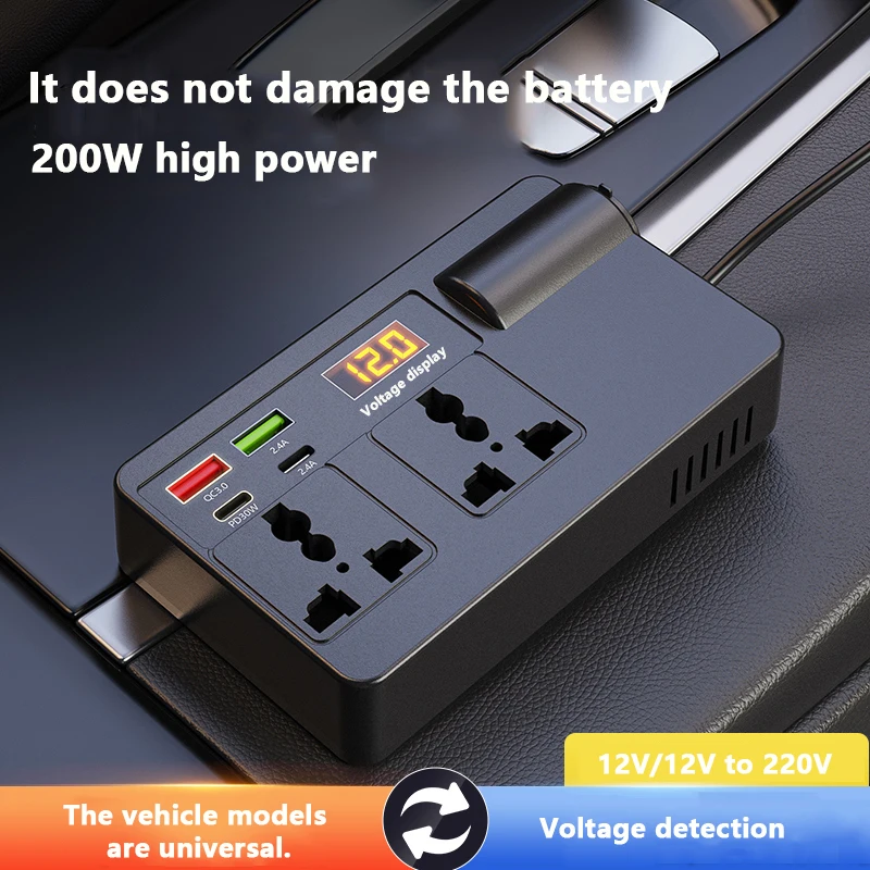 Car Inverter Power Adapter 200W DC 12V/24V to AC 220V Converter QC 3.0 USB/PD/Type-C Chargers Voltage Detection ON/OFF Switch