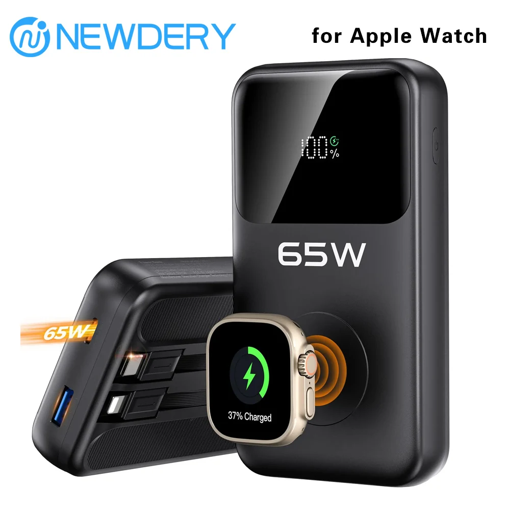 

Портативное зарядное устройство NEWDERY 65W, внешний аккумулятор 20000 мАч для Apple Watch/iPhone/Samsung S25 S24 Google iPad со встроенными кабелями