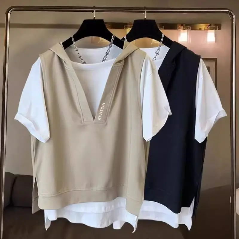 

Embroidered hooded short-sleeved t-shirt men's summer trend versatile loose half-sleeved t-shirt