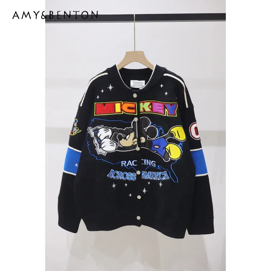 Potdemiel Heavy Industry Cartoon Embroidery Early Spring Loose Thickening Keep Warm Baseball Uniform Sweater Coat for Women