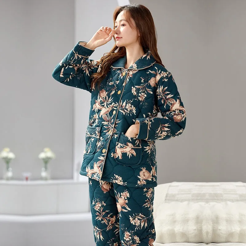 

Winter New Women Pajamas Female Pure Cotton Three-Layer Quilted Thickened Warm Loungewear Large Size Thermal Nightclothes Suit