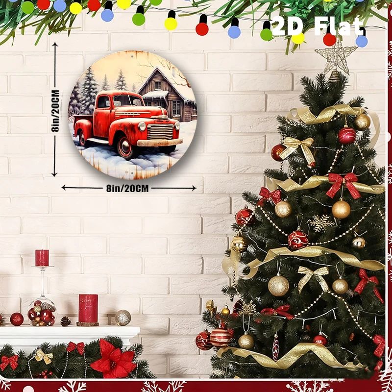 2D Flat-1pc علامة إكليل شاحنة عتيقة بألوان مائية - علامة شاحنة عتيقة - علامة إكليل مستديرة للشتاء - علامة عيد الميلاد لشاحنة عتيقة #3