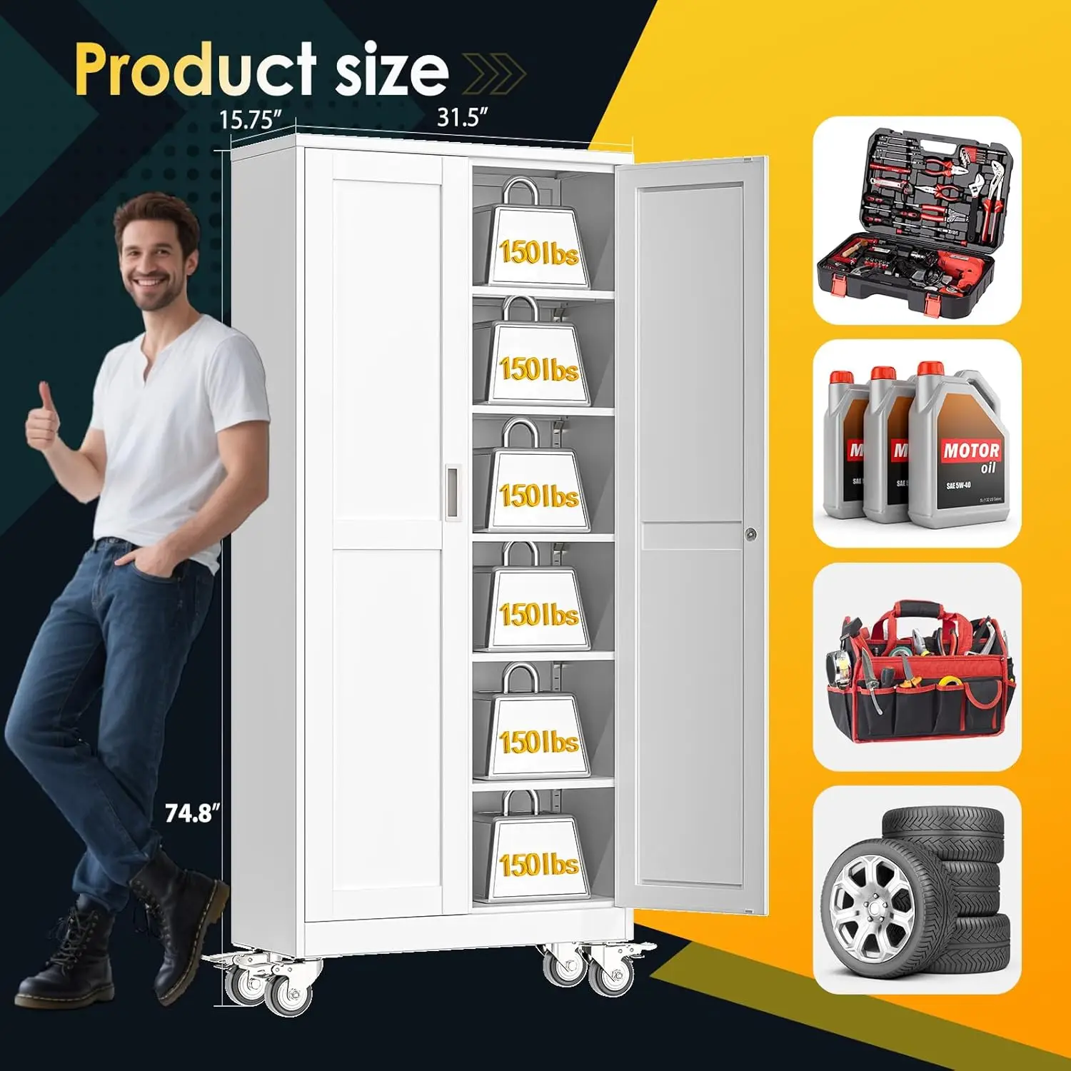 Steel File Cabinet 75''H Metal Garage Storage Cabinet with Wheels 2 Doors & 5 Adjustable Shelves Home Storage Solution Customize