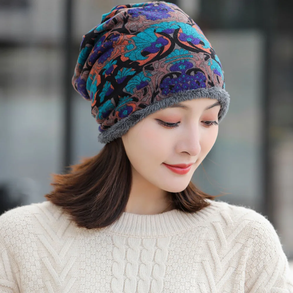 Модная мягкая теплая шапка с цветочным принтом и шеей, теплая мягкая бархатная шапочка, женская шапка, шапки-нагрудники