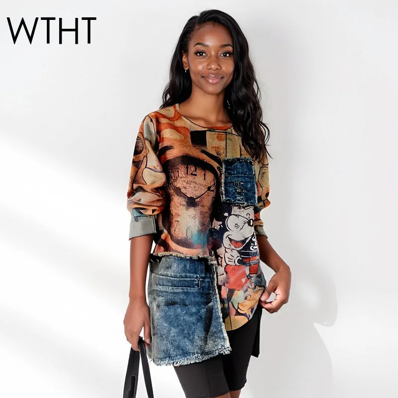 

WTHT Vintage Cartoon Print Spliced Denim Knit Tops For Women 2025 Autumn Fashion O-neck Long Sleeves Pullover Female 1LS2424