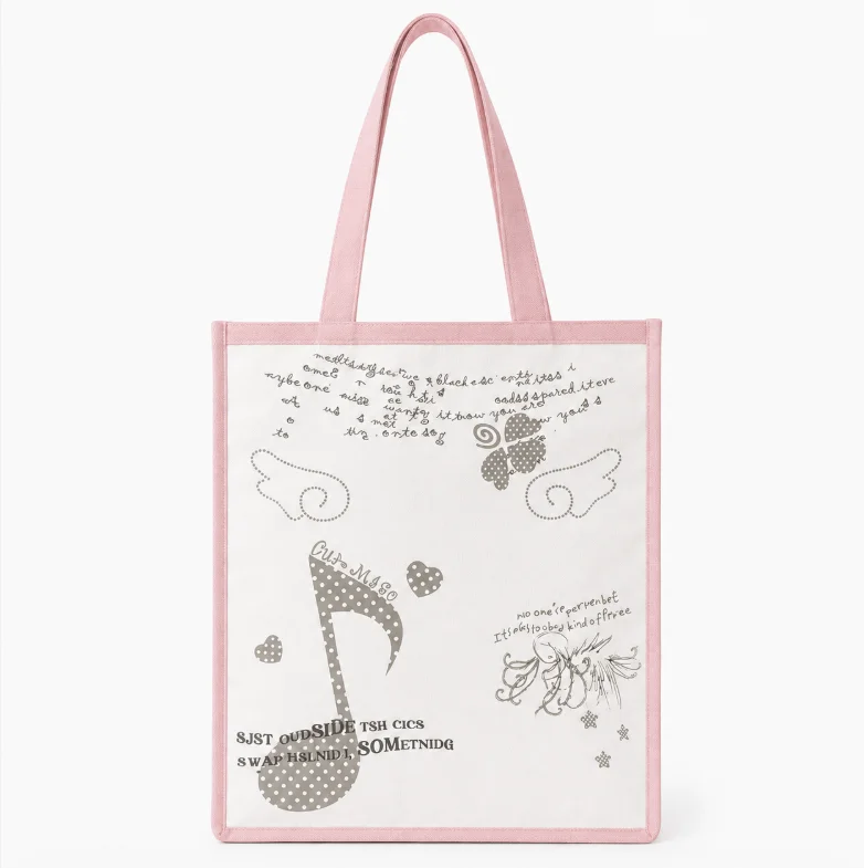 Musical Note Print Canvas Tote Bag Sweet Pink Edge Large Capacity Casual Shoulder Shopping Reusable Handbag For Women Daily