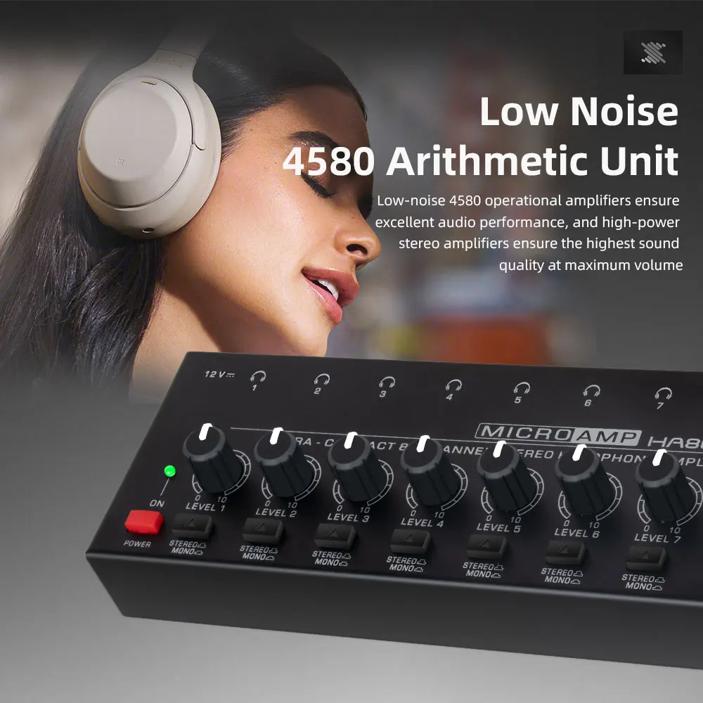 Headphone Amplifier Ultra-Compact Audio Amplifier 8 Channels Mini Stereo Amplifier Mono/Stereo switching for Music HA800S