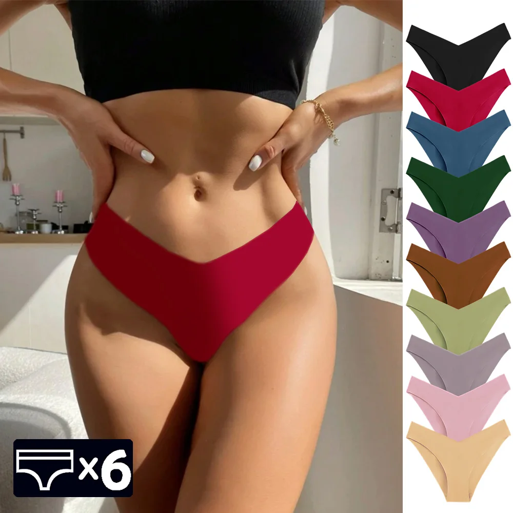 WarmSteps 6Pcs/Set V-Cut Sexy Women's Thongs Panties Plain Ice Silk Female Lingerie Intimate Seamless Underwear Briefs for Woman