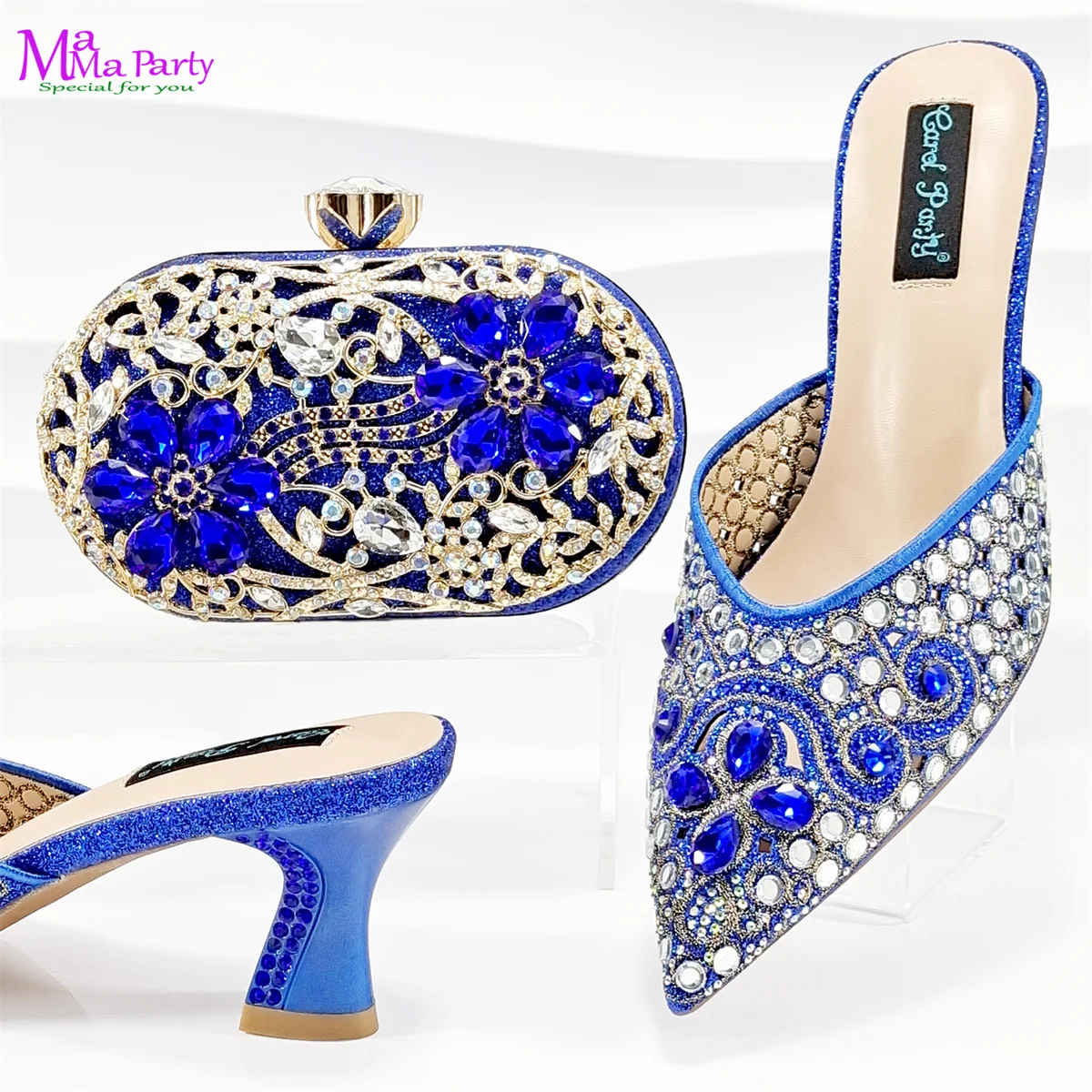 Zapatos de tacón alto puntiagudos con diamantes de imitación de alta gama para mujer con bolso de noche con diseño ahuecado en color azul real