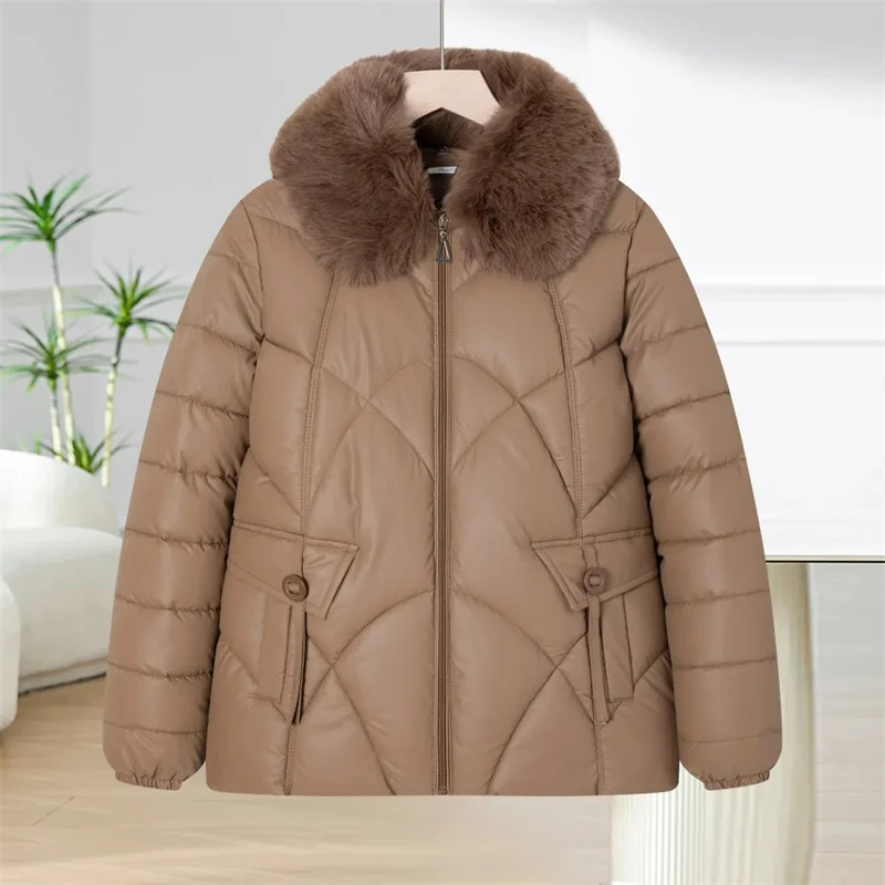 Middle-Aged Elderly Women's PU Leather Coat Winter 2025 New Thick Warm Down Cotton Jacket With Fur Collar Fashion Outwear Ladies