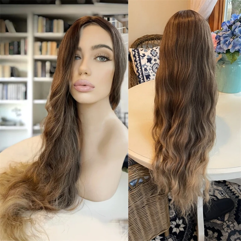 

Высокое качество Ombre Коричневый блондин Синтетический парик фронта шнурка Натуральный волнистый бесклеевой парик Готов к ношению Косплей Ежедневный парик для вечеринок 30 дюймов