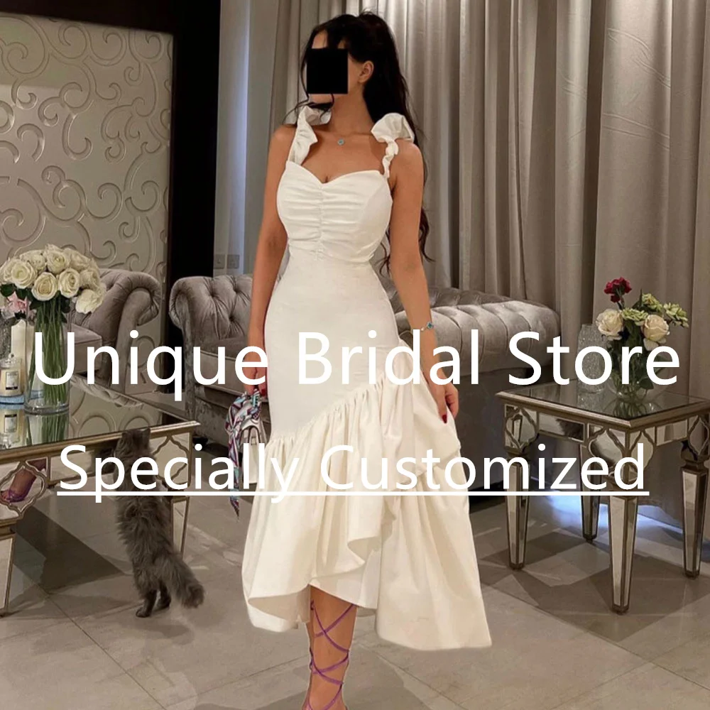 Abito da sposa personalizzato per le donne Sposa Spaghetti con scollo a V Lunghezza tè Abito da sposa a sirena Backless Sexy drappeggiato con volant Ves