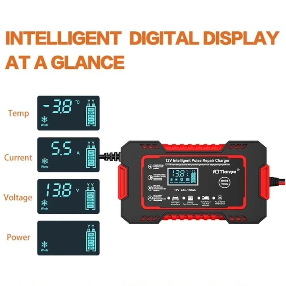 Car Battery Charger 12V Pulse Repair LCD Display Smart Fast Charge AGM Deep cycle GEL Lead-Acid Charger For Auto Motorcycle