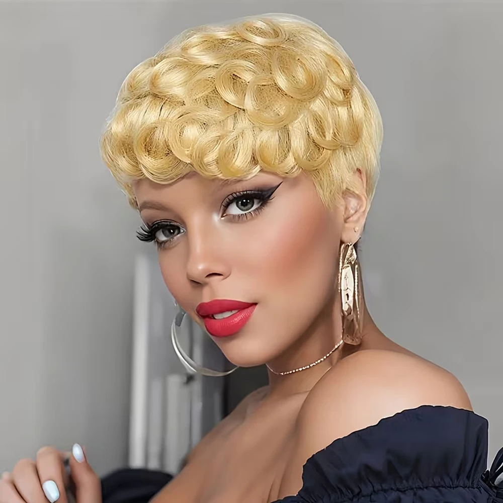 

Золотистый кудрявый парик в стиле пикси из натуральных человеческих волос для чернокожих женщин, короткий, натуральный черный, машинной работы