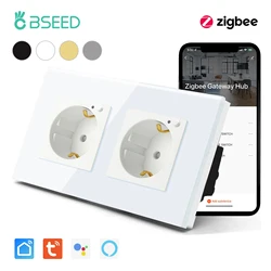 BSEED Zigbee Wall Socket EU Standard Double Sockets White Black Crystal Glass Panel Support Tuya Smart Life App Google Alexa 16A