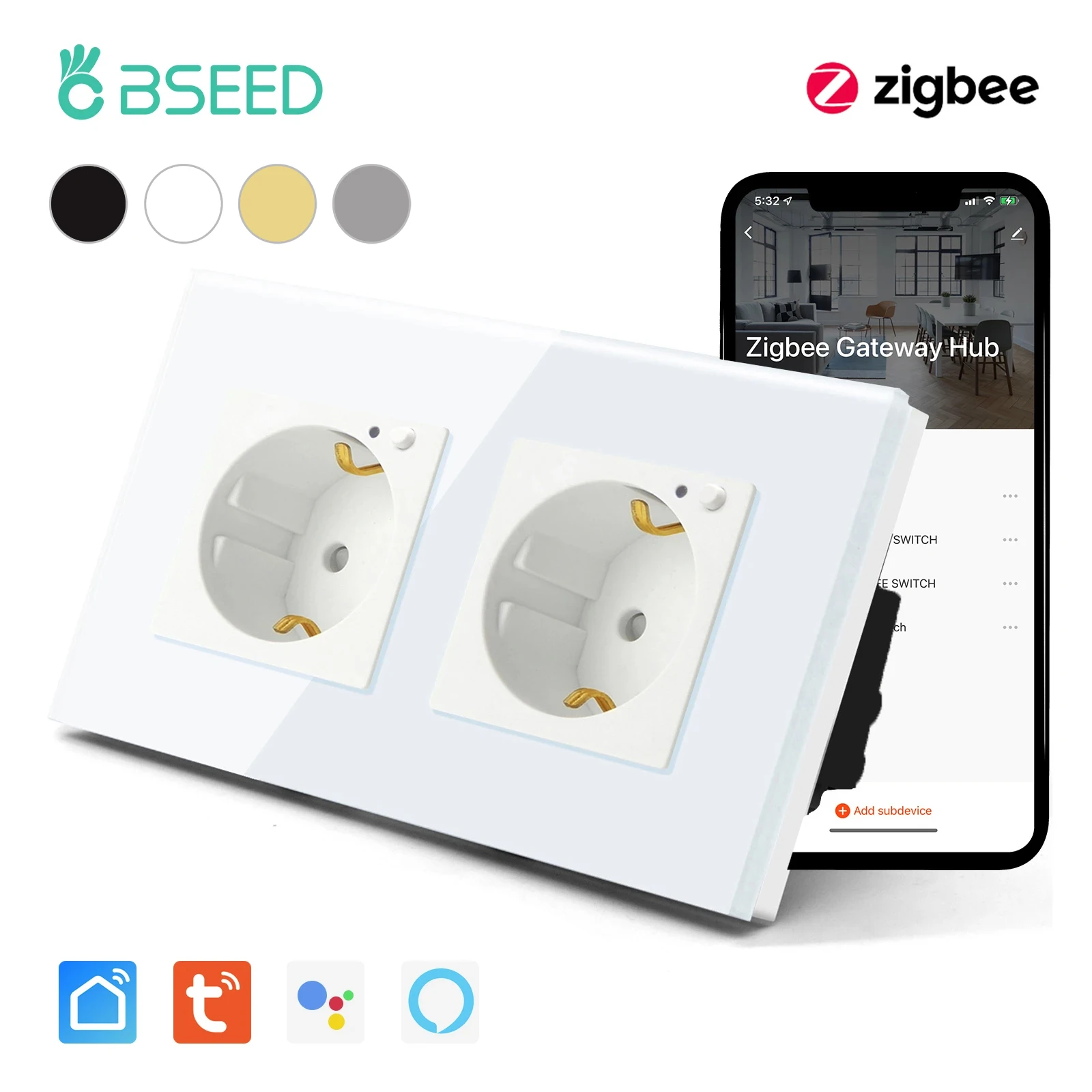 BSEED Zigbee Wall Socket EU Standard Double Sockets White Black Crystal Glass Panel Support Tuya Smart Life App Google Alexa 16A