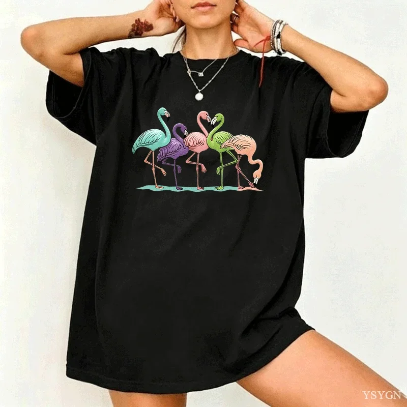 Expressions Five Flamingos in a Row Women's 100% Cotton T-Shirt Short Sleeve Top Casual Round Neck Fun Print Tee