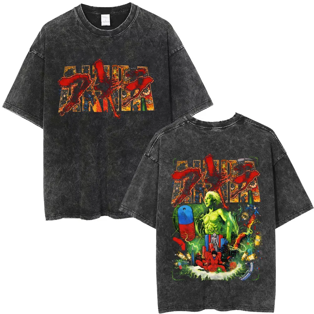 

Anime Akira Retro Washed T Shirt Japanese Science Fiction Cartoon Movie Shotaro Kaneda T-shirt Men Women Manga O-collar T-shirts