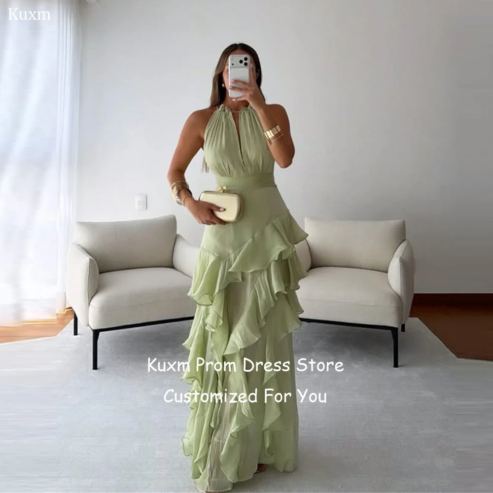 

Kuxm Chiffon Formal Evening Dresses Tiered Sweetheart Sleeveless A Line Backless Prom Gowns Floor Length Party Attire Customized