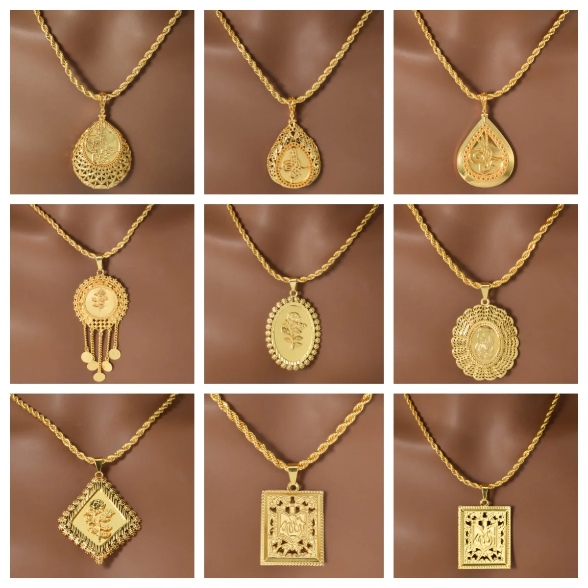 Arabic Letter Gold Color Pendant Necklace Islamic Calligraphy Jewelry Muslim Style Middle East Fashion For Women Men