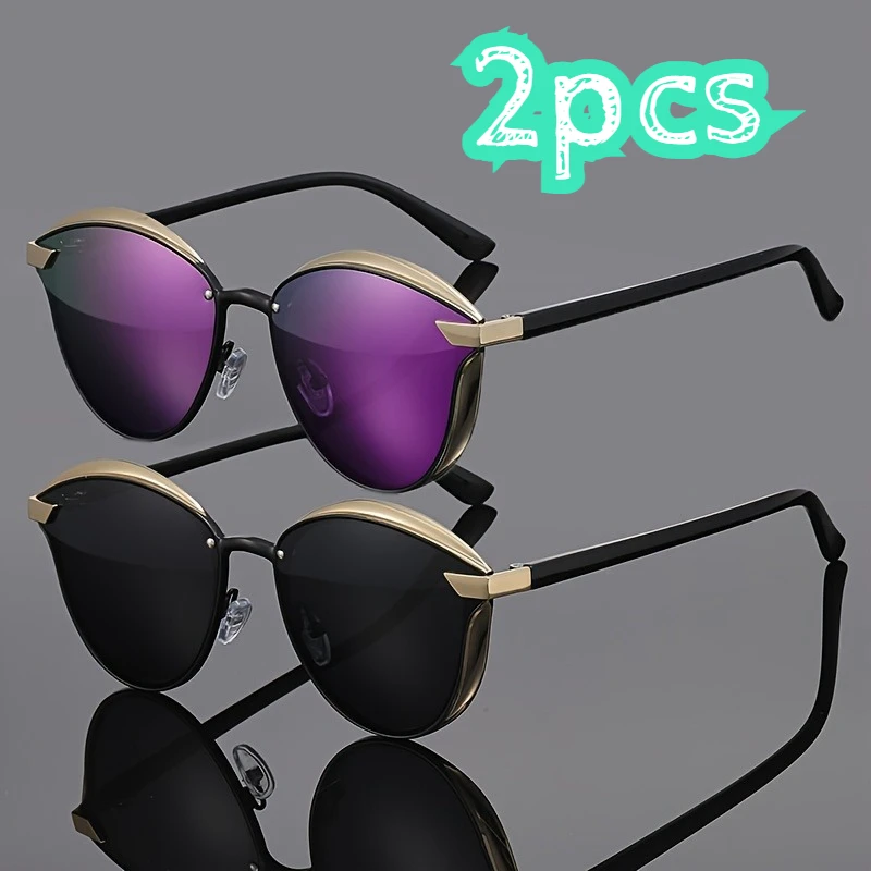 

2-Pack Vintage Metal Cat Eye Sunglasses Sturdy Metal Frame, Colorful Lenses Unisex, For All Occasions