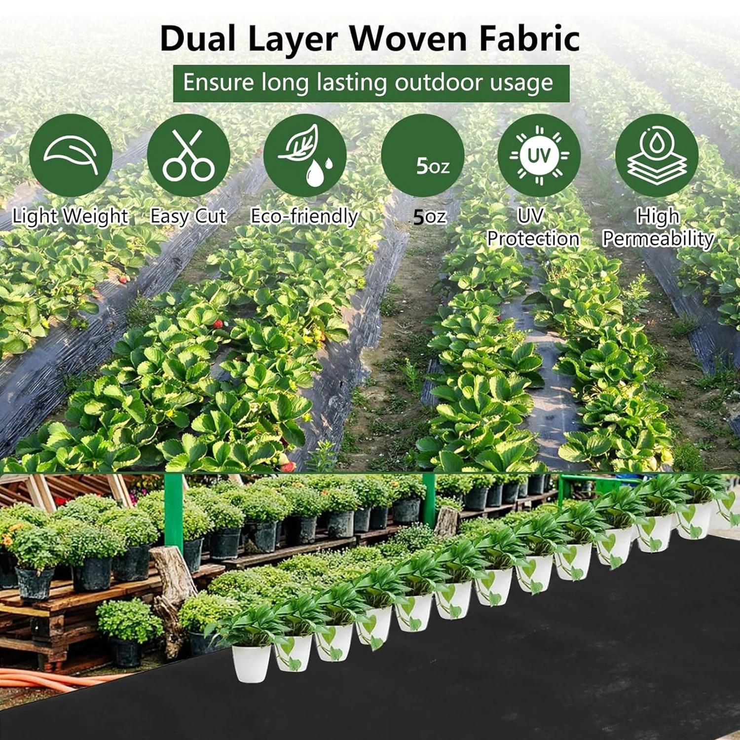 Woven Landscape Fabric 5oz, 5 x 300FT Weed Fabric Barrier, Double Layer, Garden Fabric Weed Barrier, Weed Control Ground Cover