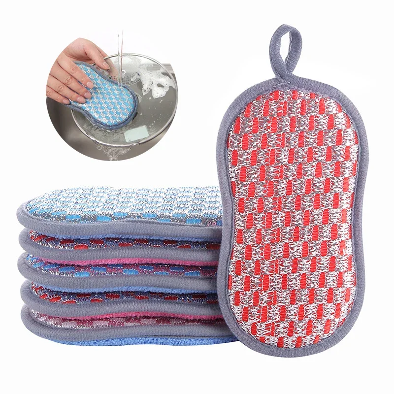 Double Sided Scouring Pad Reusable Microfiber Dish Cleaning Sponges Cloths No Scraping Efficient Decontamination Kitchen Tool