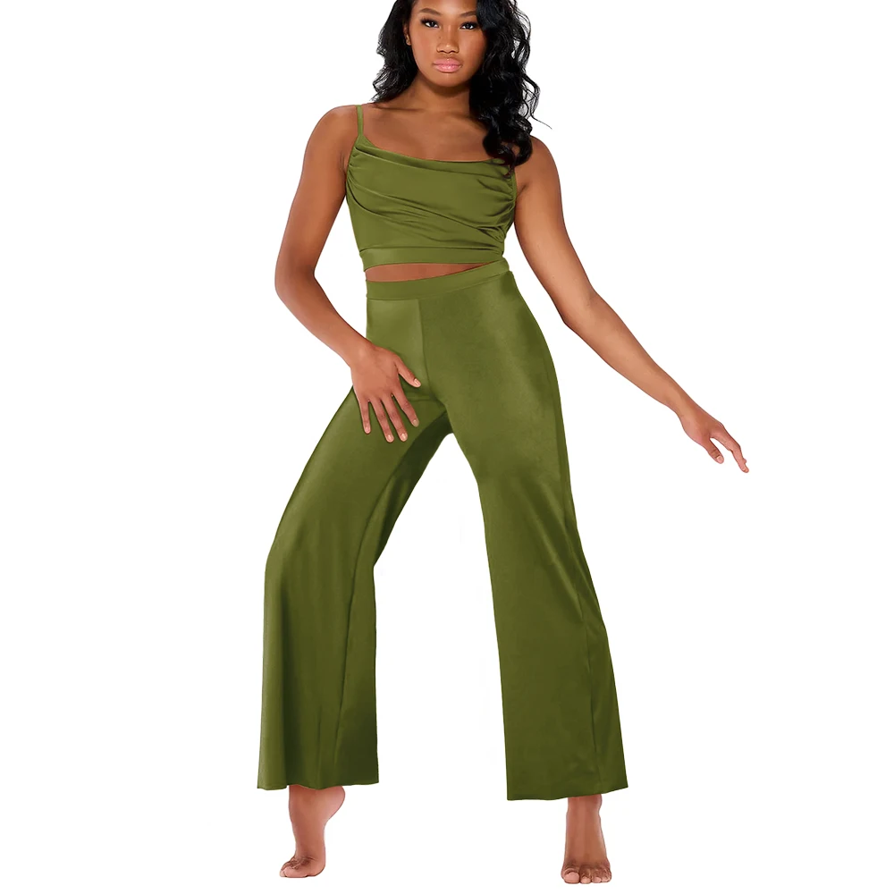 MiDee Zestaw do Tańca Nowoczesnego dla Dziewczynek, 2-częściowy Komplet: Plisowany Top na Ramiączkach i Spodnie z Szerokimi Nogawkami, Strój do Tańca Lirycznego Modern