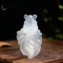 Natural Agate Chalcedony Goldfish Pendant Hand Carved Chalcedony Gold Fish Lucky Blessing Necklace Pendant Fine Jewelry