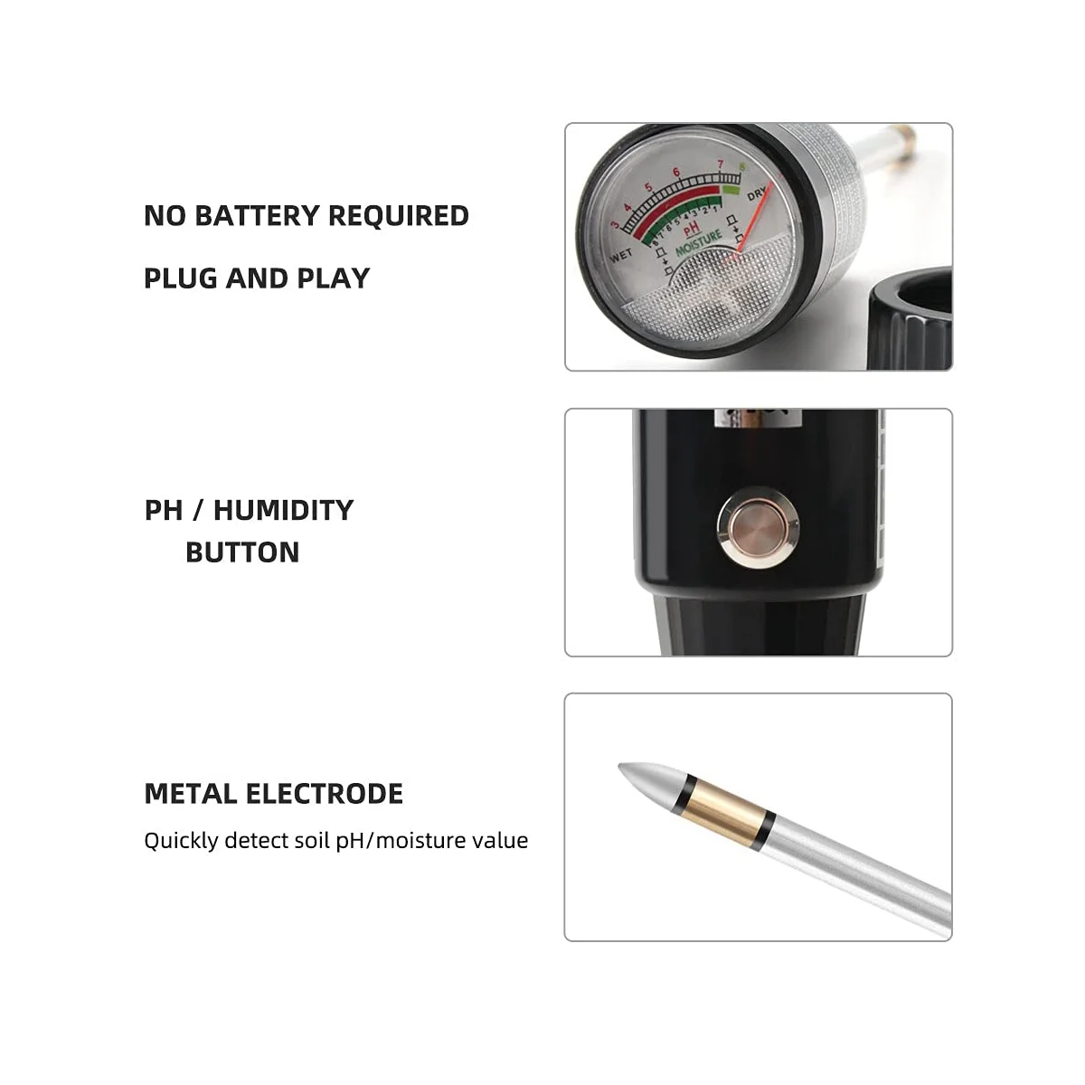 Soil PH Moisture Tester Detects Soil Configuration Electrode Meter Without Battery Soil Moisture Meter 300Mm Metal Probe