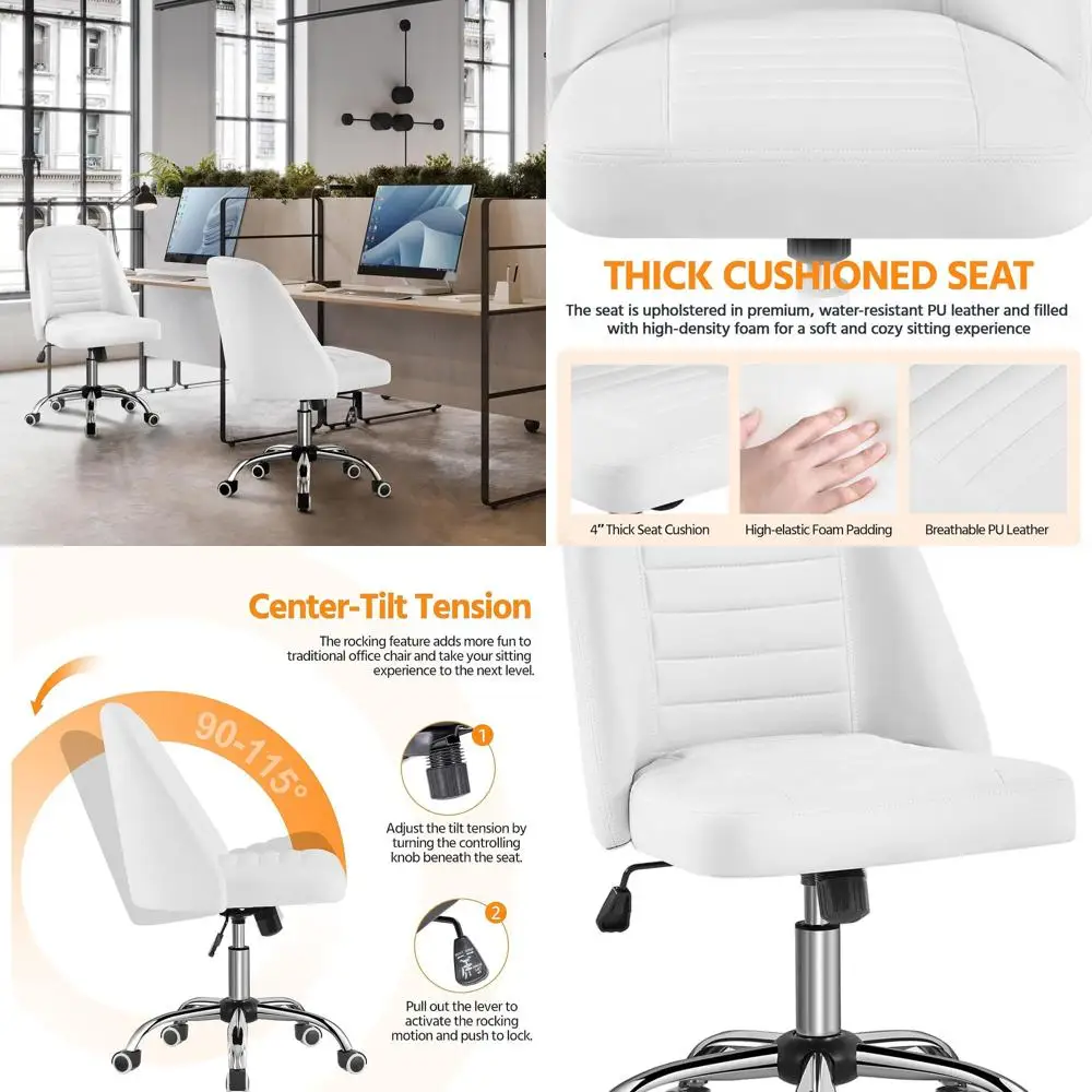 

Modern White PU Leather Armless Office Chair with Wheels and Metal Base