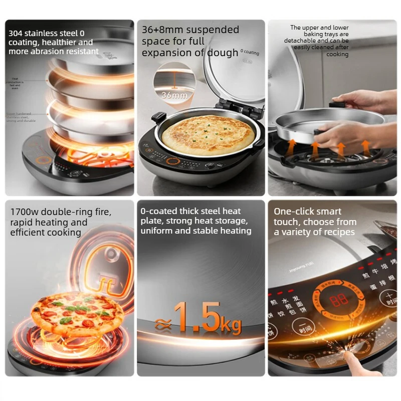 0-Coating Stainless Steel Electric Griddle, 36+8mm Floating Double Grill, Detachable Pan Even Heat Cooker for Pancake Breakfast