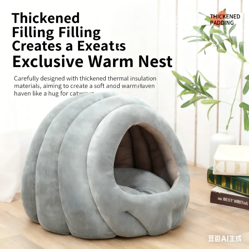 

Утолщенное гнездо для домашних животных шелкопряда, флисовый устойчивый к жеванию коврик для домашних животных, милый очаровательный зимний теплый домик для домашних животных, кошачий домик