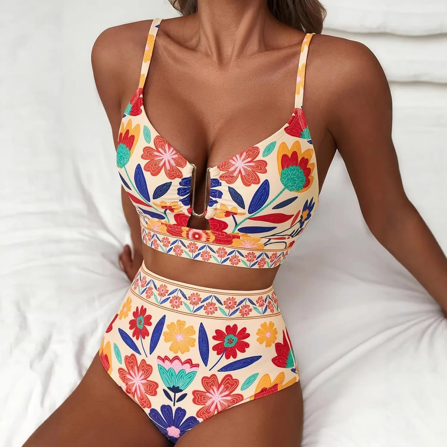 Women Sexy Floral Bikini High Waist Tummy Control Floral Bikini U Line Cross Back Padded Bikini Two Piece Beach Swimsuit