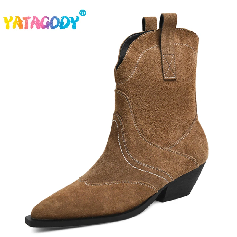 

YATAGODY Size 34-39 Western Cowboy Boots For Women Genuine Leather Suede Ankle Boots Chunky Heels Winter Shoes Woman Booties